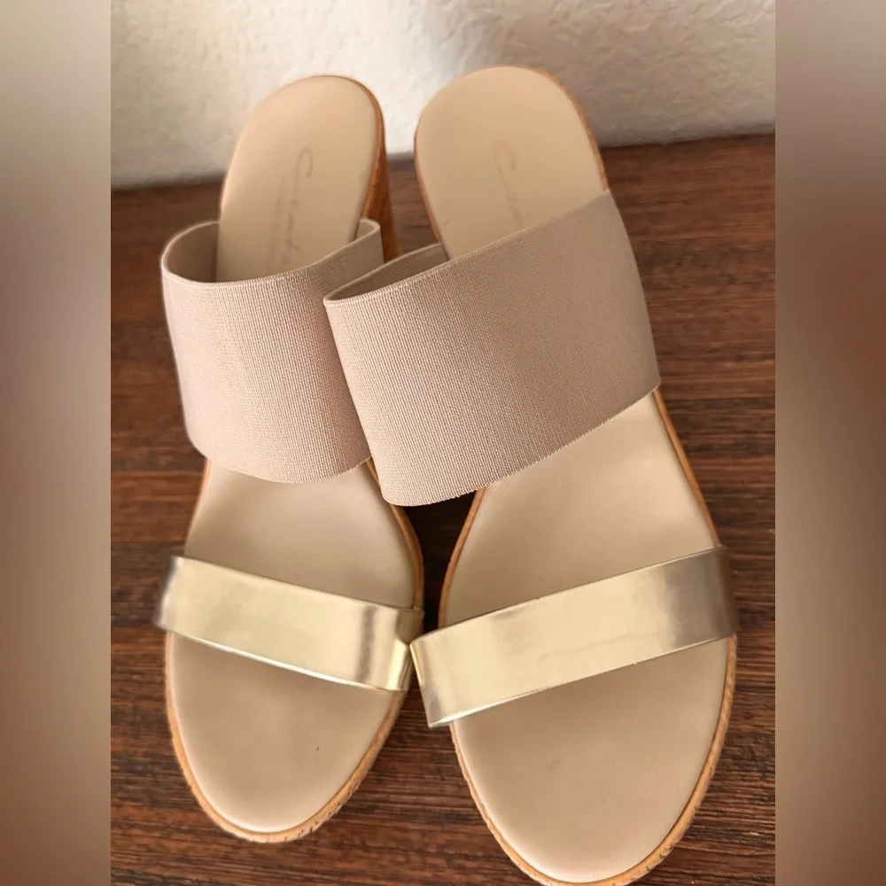 Contesa sandals, a beige fabric & golden wedges made in Italy Sz10